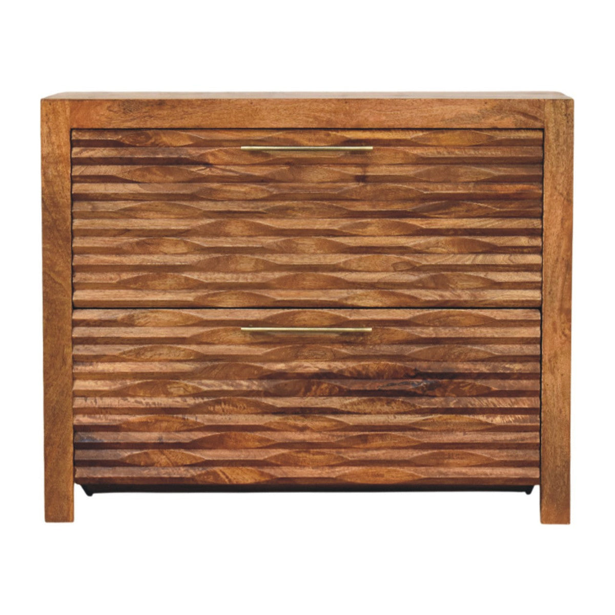 Rustic amber wavefront cabinet with two wooden drawers featuring a wavy textured pattern and brass handles