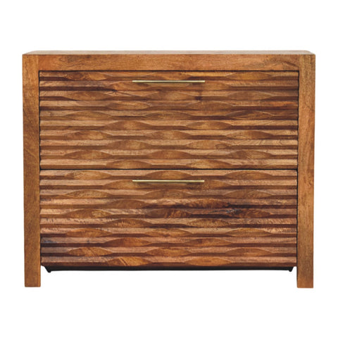 Rustic amber wavefront cabinet with two wooden drawers featuring a wavy textured pattern and brass handles