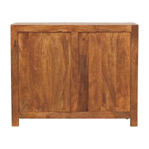 Solid wood amber wavefront cabinet sideboard with two doors warm honey brown finish and natural grain patterns