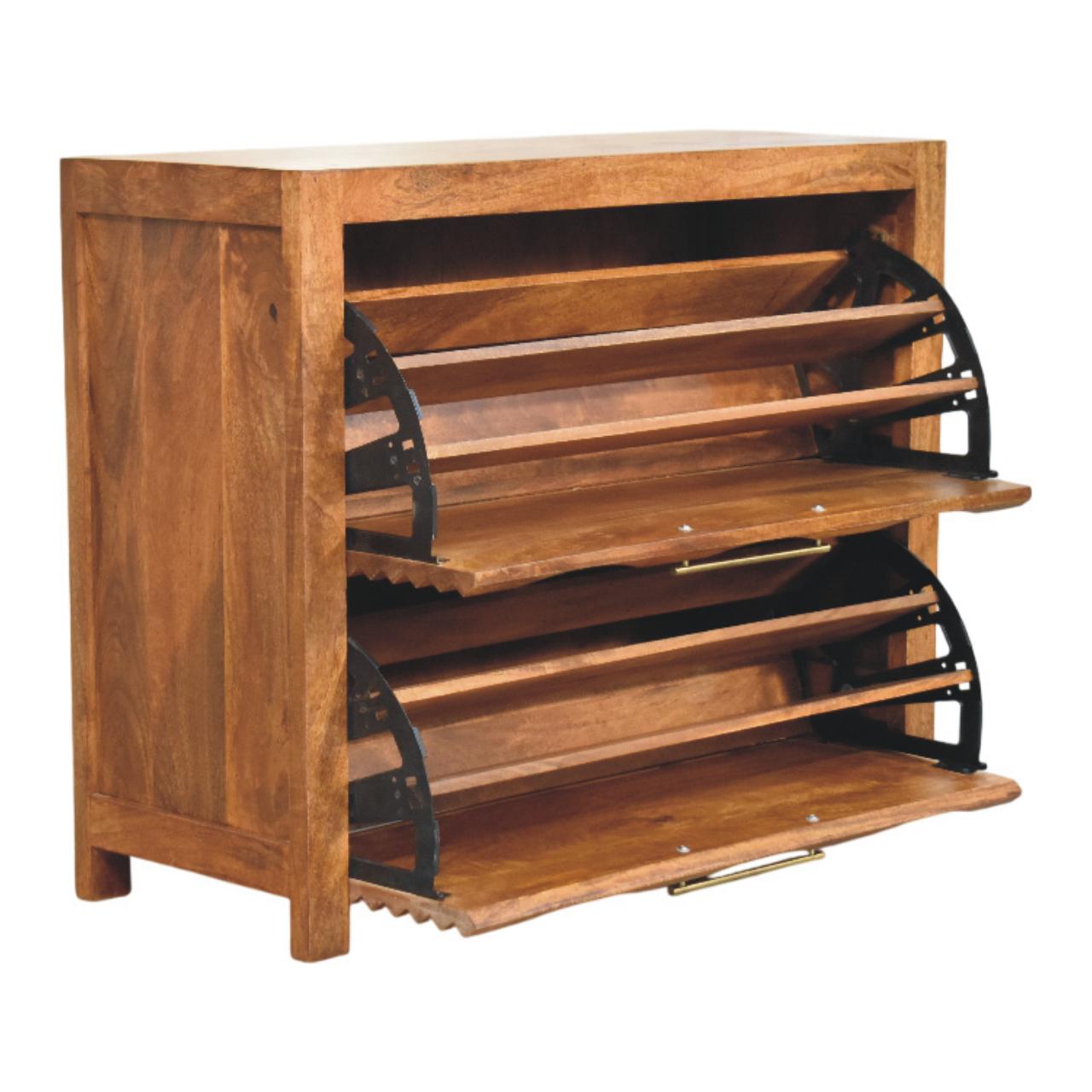 Amber wavefront cabinet wooden shoe storage unit with pull-out shelves and black metal hinges