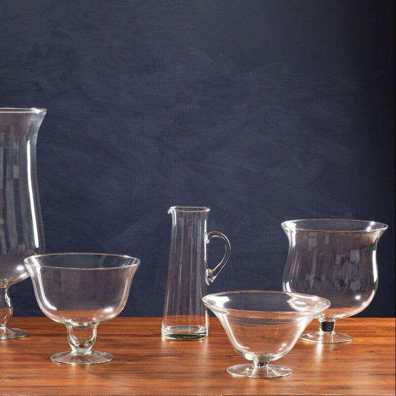 Ambra clear glass carafe and matching serving pieces with vintage-inspired designs and slender stems