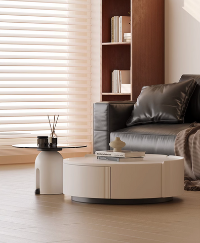 Modern white oval coffee table with sleek minimalist design and vertical grooves in the amelia coffee table set