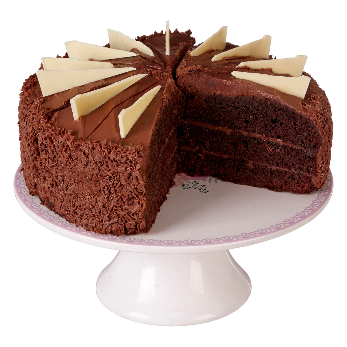 A rich chocolate cake with white chocolate shards on a dark floral pattern cake stand perfect for desserts