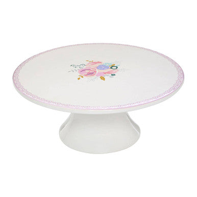 White ceramic pattern cake stand with delicate pink and purple floral pattern around the rim for cakes