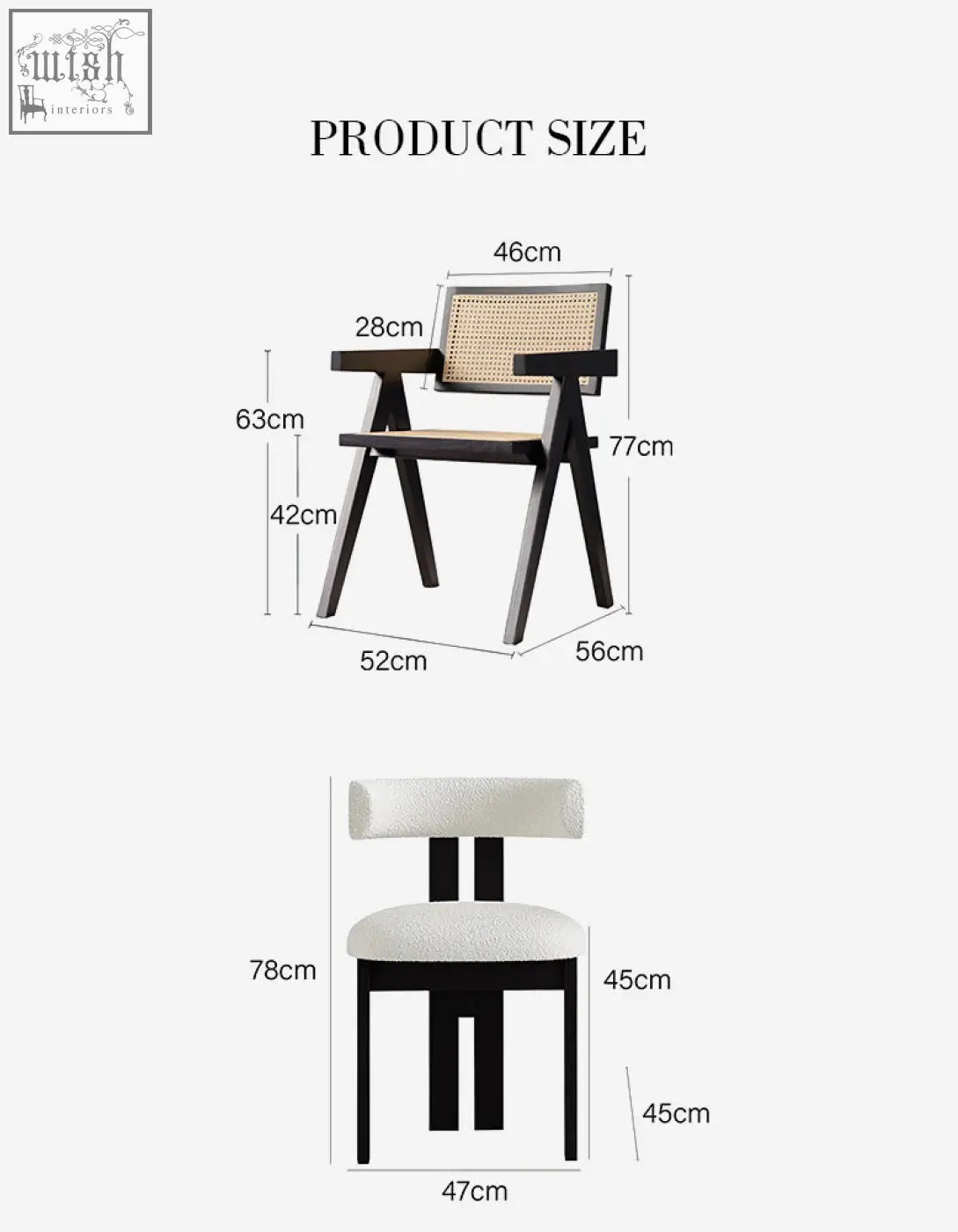 Black-framed armchair with woven cane seat and modern white chair with black legs by amina oval dining table