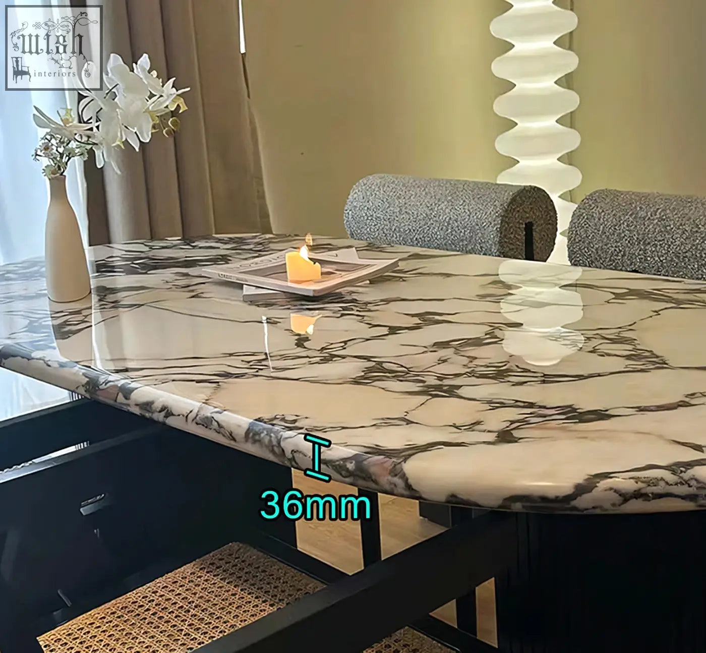 Amina oval dining table with smooth polished white and black marble top for elegant dining table use