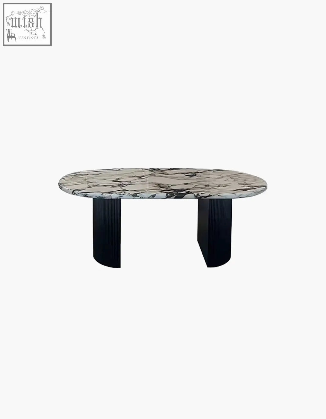 Elegant amina oval dining table with white gray marble top and sleek black ribbed solid wood legs
