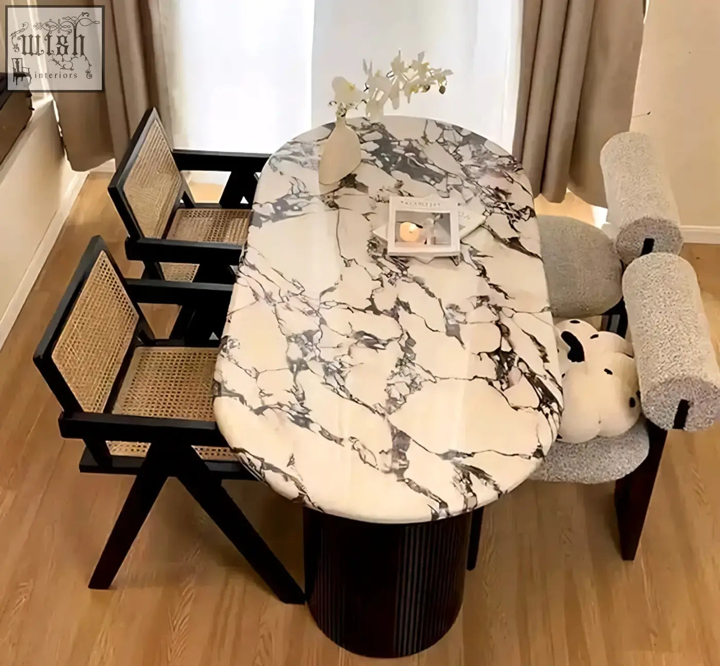 Elegant amina oval dining table with white and black marble top and dark ribbed solid wood base