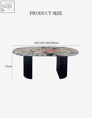 Modern amina oval dining table with white and gray marble top and sleek black ribbed solid wood legs oval dining table