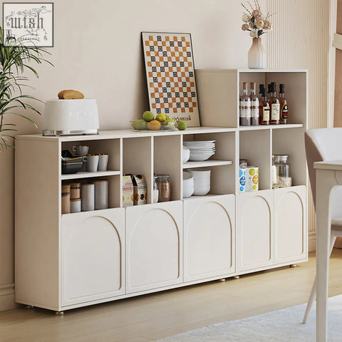 Beige amir modular bookshelf with arched panel doors stainless steel accents and open shelving units for storage