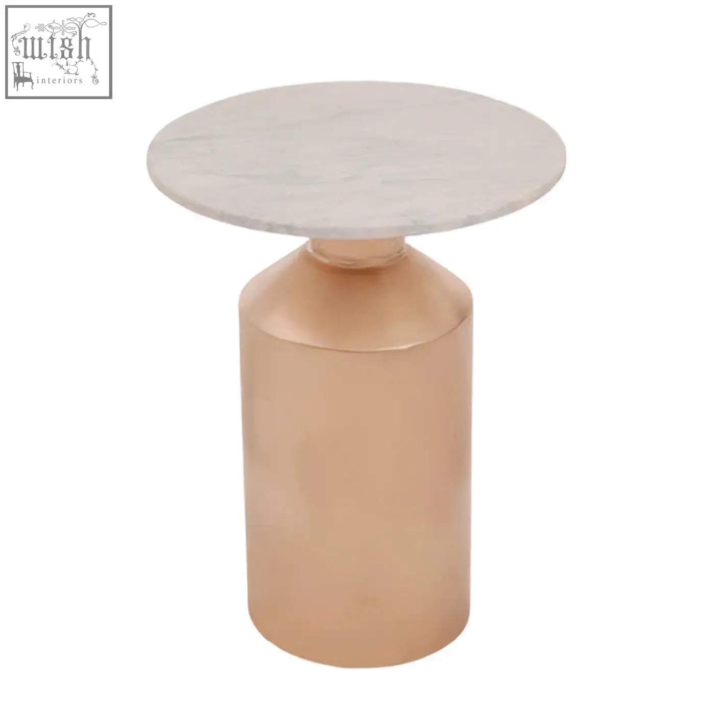 A sleek amira marble side table with a gold base featuring a copper finish and a round white marble top