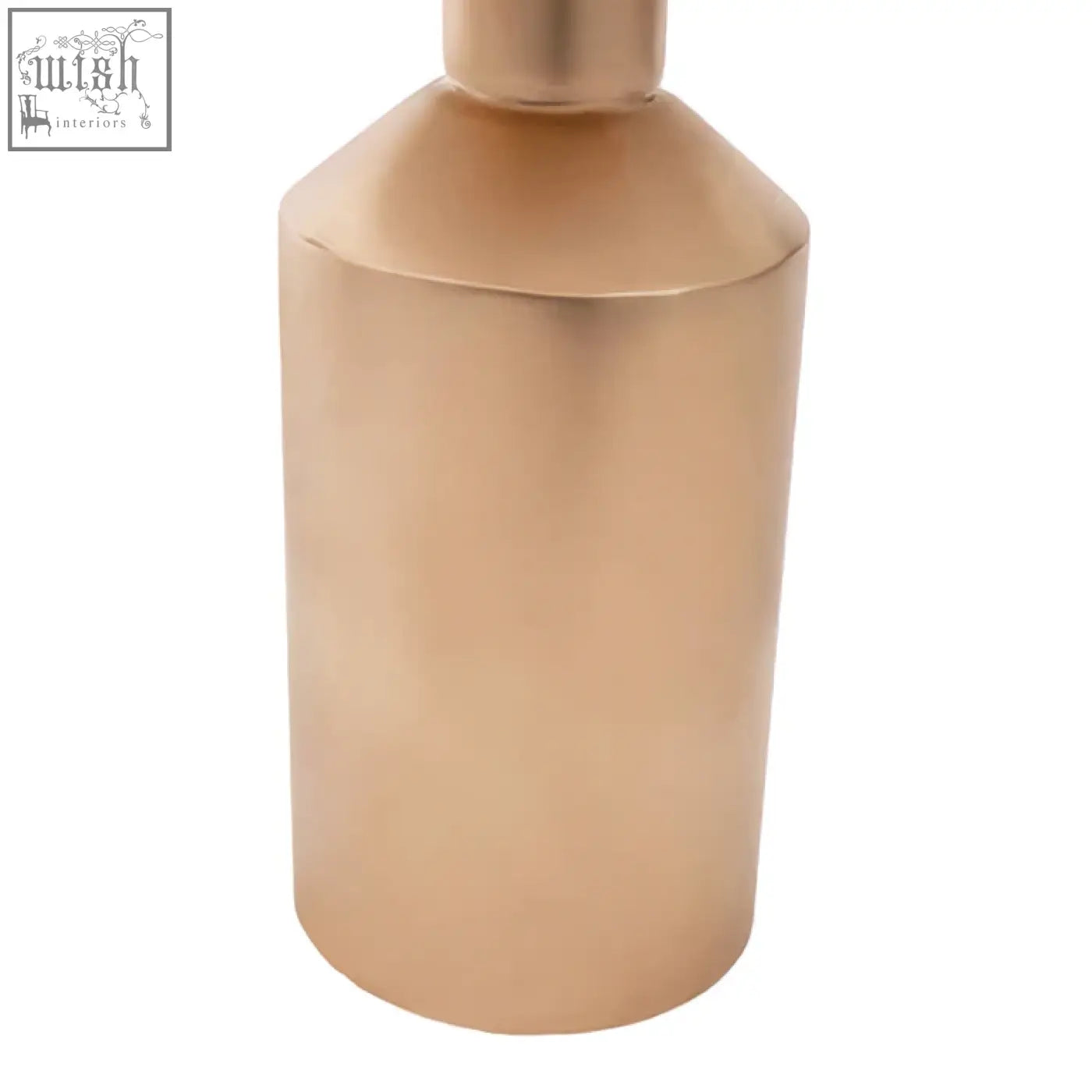 A sleek cylindrical copper metal vase with a tapered neck on an amira marble top gold base side table