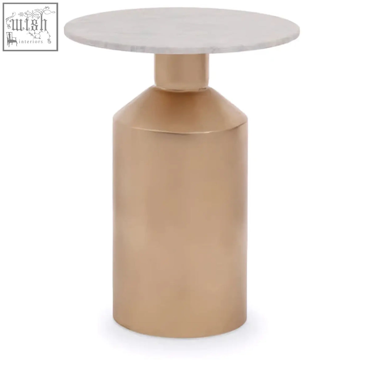 A sleek amira marble side table with a polished white marble top and a gold base for modern living spaces