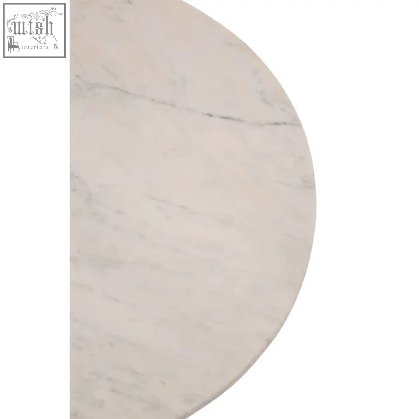 White marble half circle tabletop with subtle gray veining on amira marble gold base side table