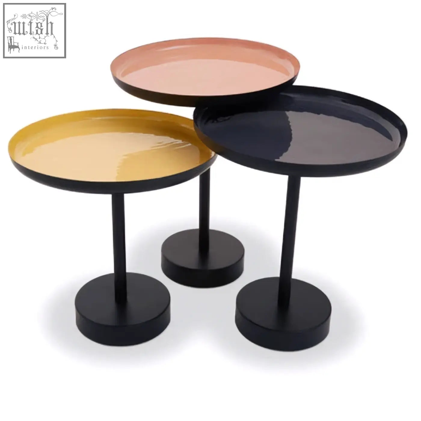Set of three gold and black tray tables with round glossy tops in gold peach and navy on sleek black metal legs