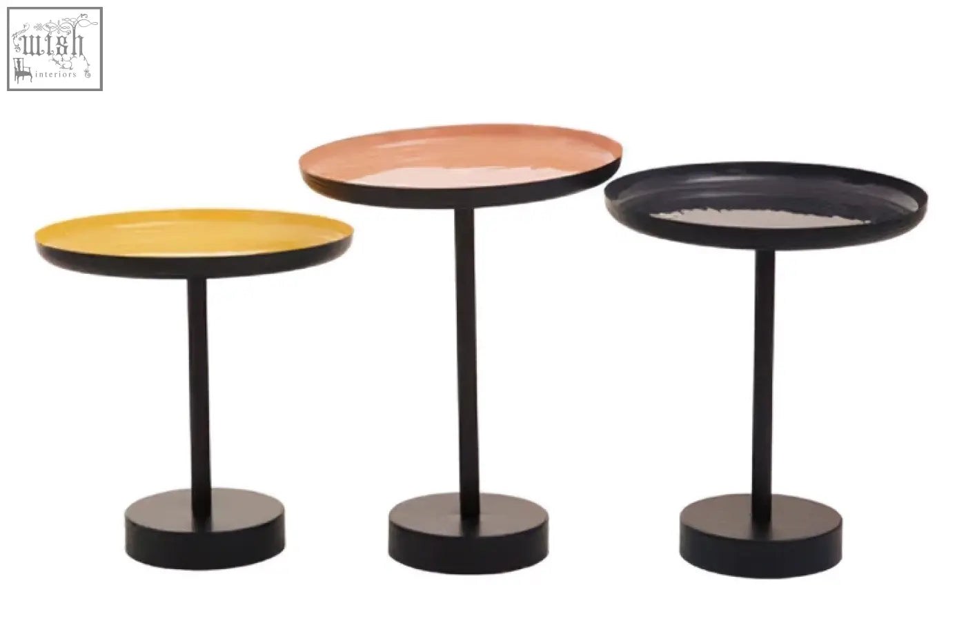 Amira set of three gold and black tray tables with black metal frames and colorful tops in yellow copper and matte black