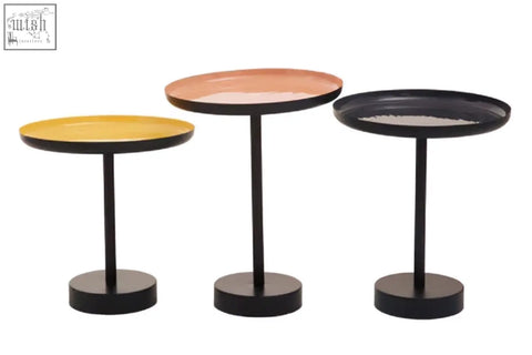 Amira set of three gold and black tray tables with black metal frames and colorful tops in yellow copper and matte black