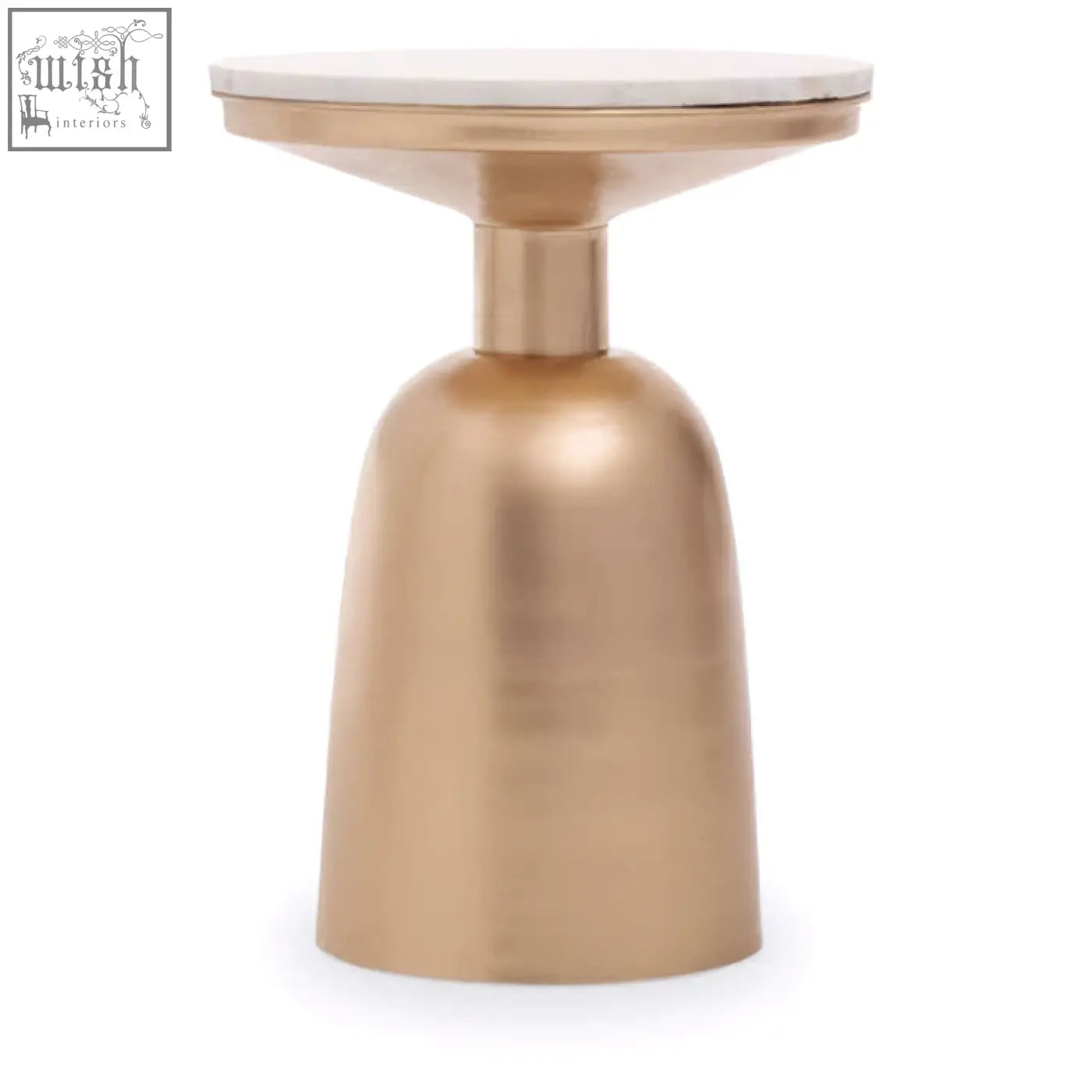 A sleek amira white marble top side table with a polished gold base perfect for modern living spaces