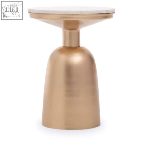 A sleek amira white marble top side table with a polished gold base perfect for modern living spaces