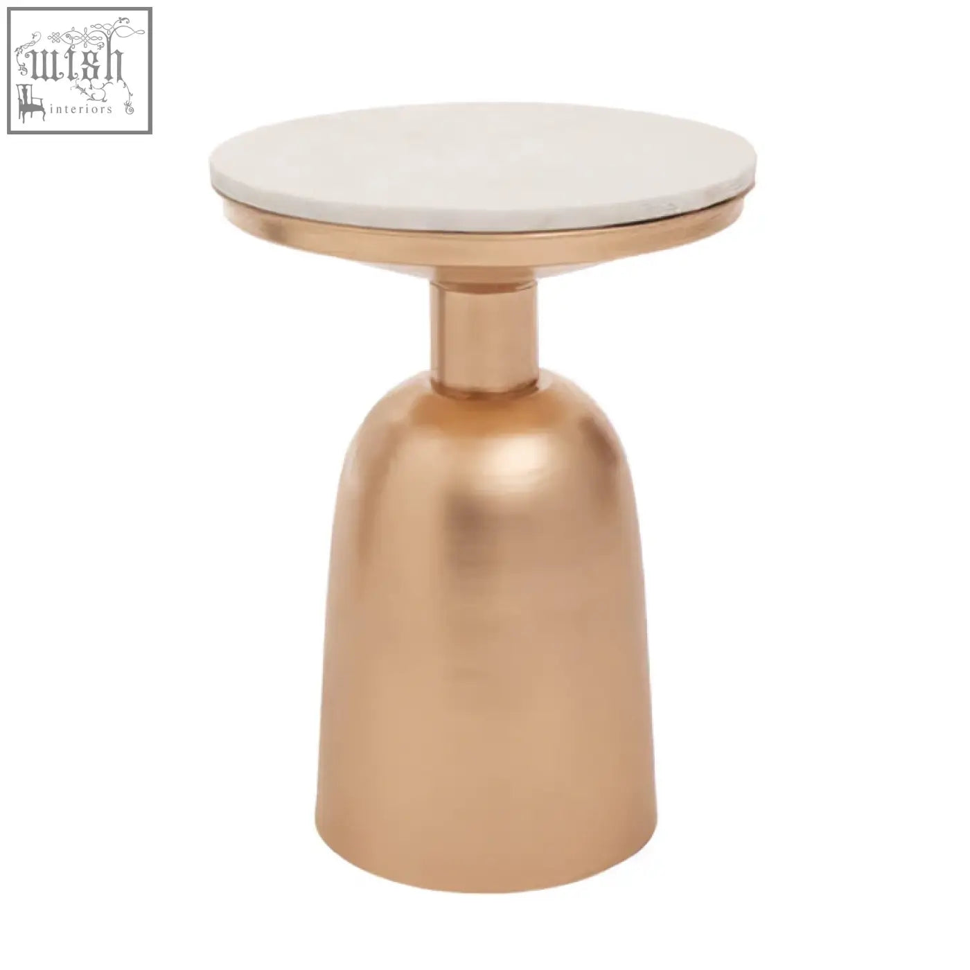 Amira white marble side table with smooth white marble top and polished copper gold base for modern decor
