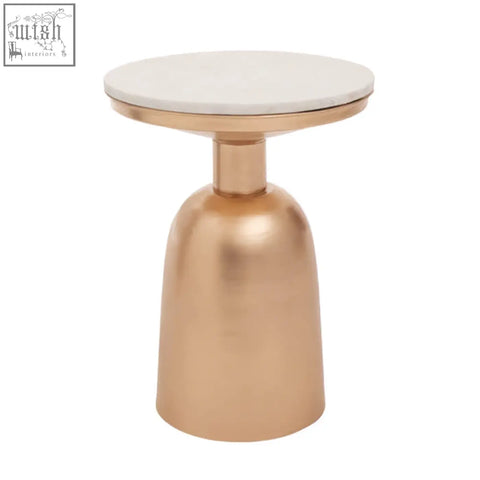 Amira white marble side table with smooth white marble top and polished copper gold base for modern decor