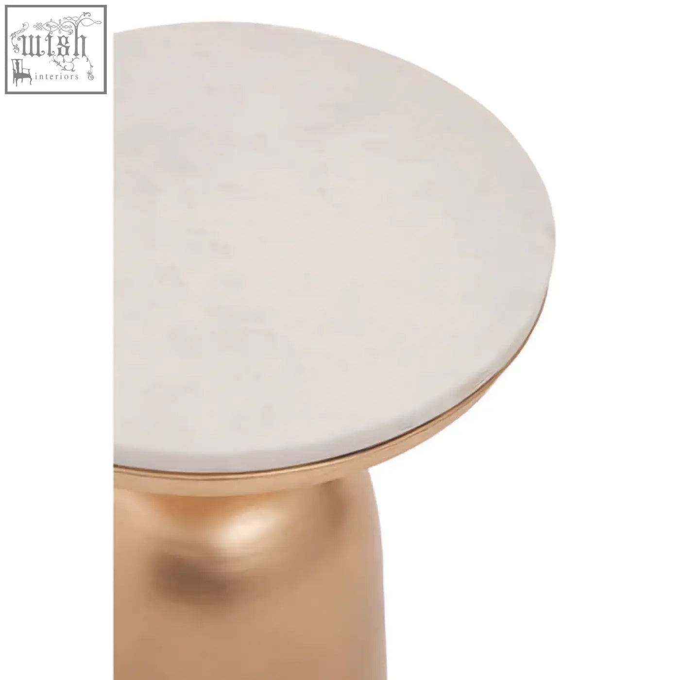 A sleek amira white marble top side table with a round white marble surface and gold-toned metal pedestal base