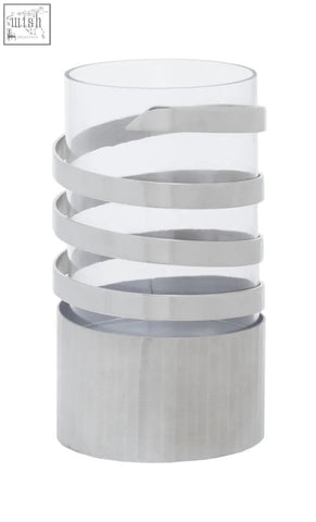 Clear glass amreli small vertical textured silver metal hurricane candle holder with spiraling silver bands