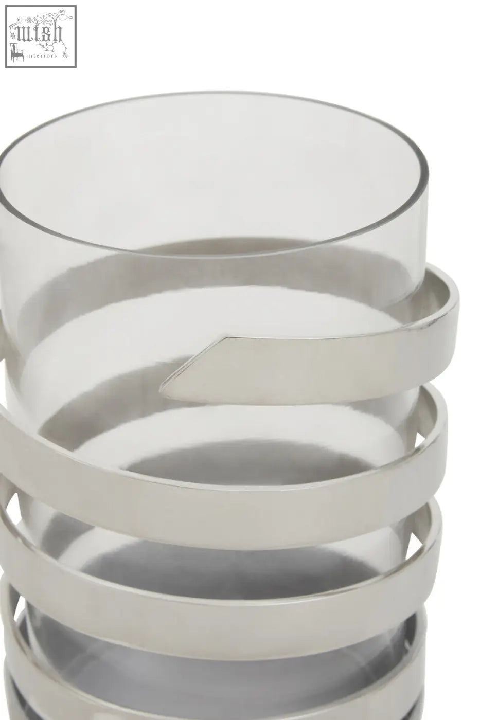 A sleek amreli small vertical textured silver metal hurricane candle holder with stacked polished silver rings and glass vase