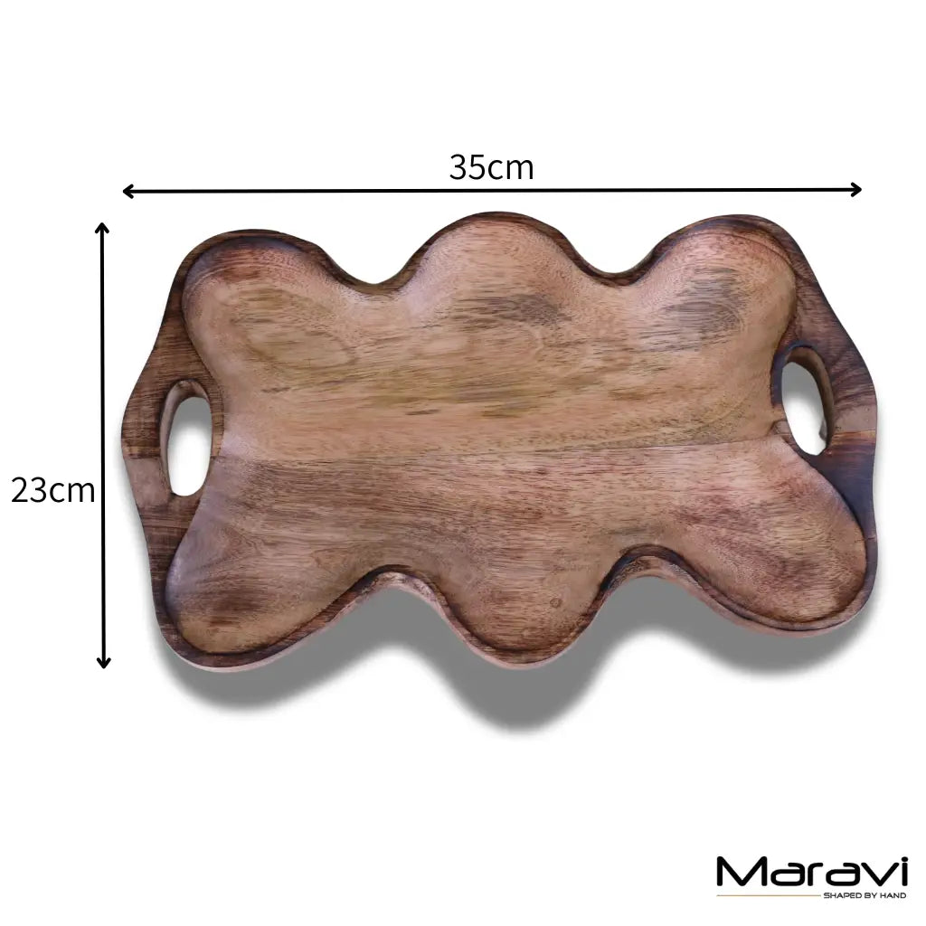 Rustic amrola mango wood serving dish shaped like a hand with natural wood grain and two oval handles for serving