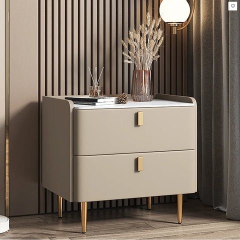Beige ana bedside table with two drawers gold-tone legs and rectangular handles for stylish bedside storage