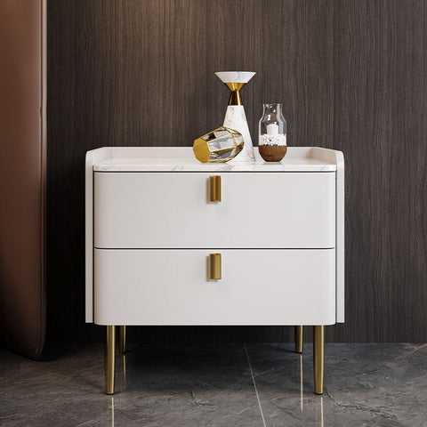 White marble top ana bedside table with gold tone legs and handles perfect as a stylish bedside table