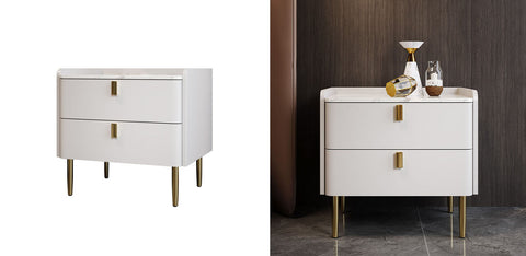 White two-drawer ana bedside table with gold-tone legs and handles perfect as a stylish bedside table