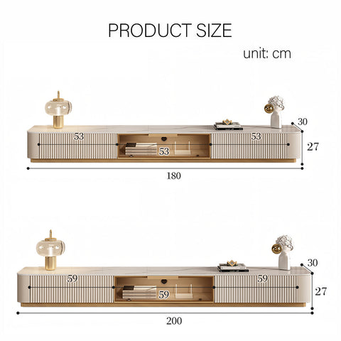 Modern beige anastasia tv stand with gold tones sintered stone finish vertical ribbed detailing and glass-top storage compartments