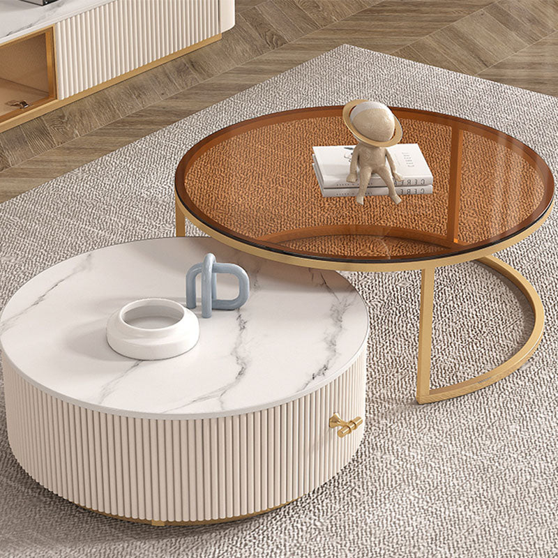 Modern round coffee table with white marble sintered stone top and gold-tone legs featured with anastasia tv stand