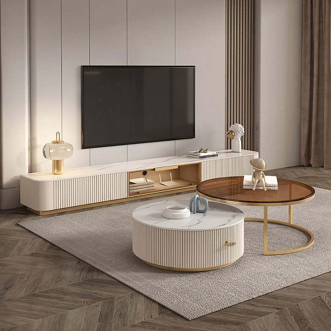 Modern white and gold marble-effect anastasia tv stand in sintered stone with vertical ribbed detailing