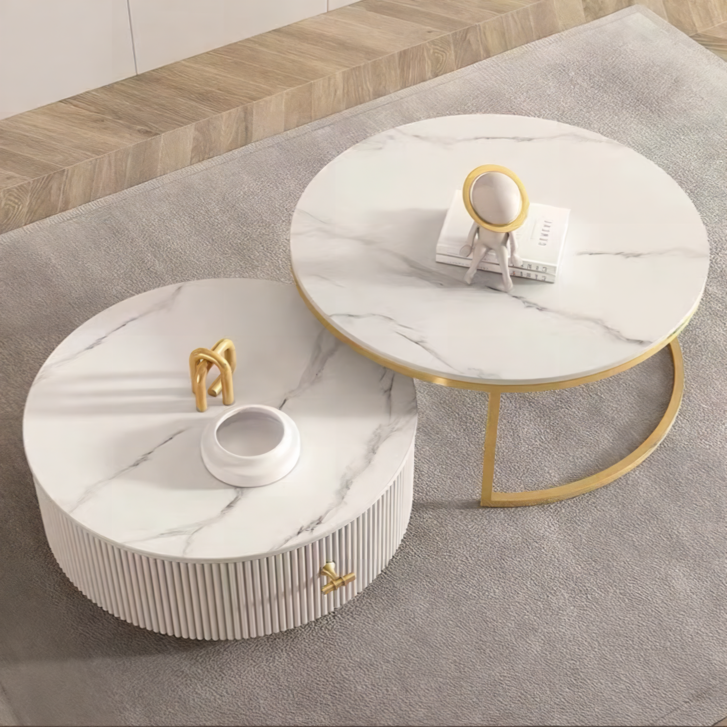 Modern white marble-top coffee tables with gold metal frame and ribbed base from anastasia tv stand sintered stone collection