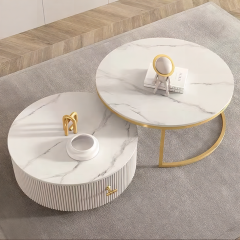Modern white marble-top coffee tables with gold metal frame and ribbed base from anastasia tv stand sintered stone collection