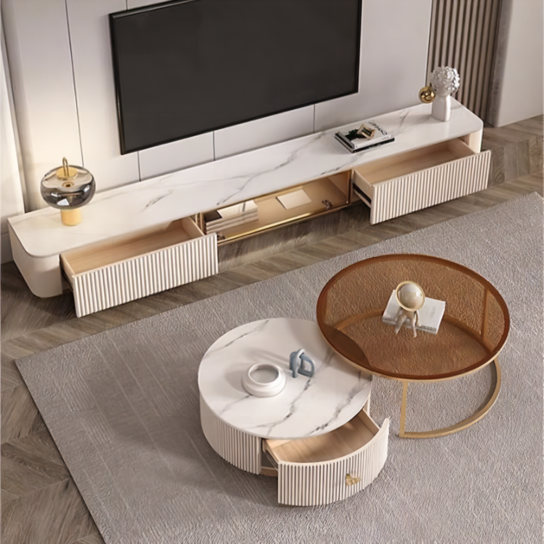Modern white marble-top coffee table with gold-finished metal legs and ribbed drawer front for anastasia tv stand sintered stone