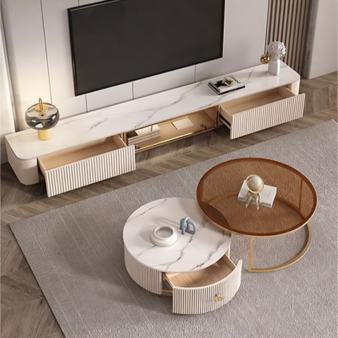 Modern white marble-top coffee table with gold-finished metal legs and ribbed drawer front for anastasia tv stand sintered stone