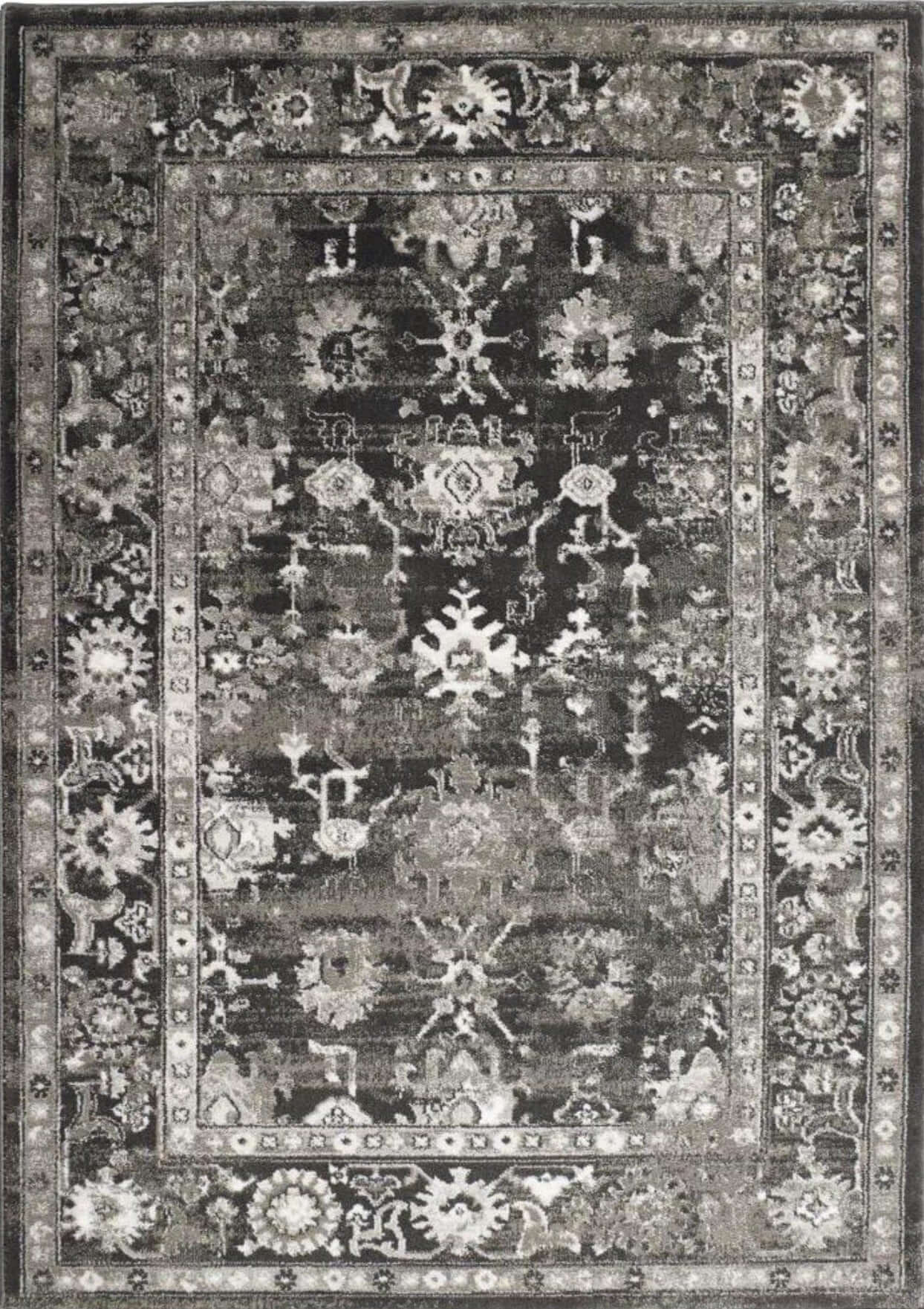 Anatolia dark grey vintage rug with intricate floral and geometric patterns in dark grey and white colors