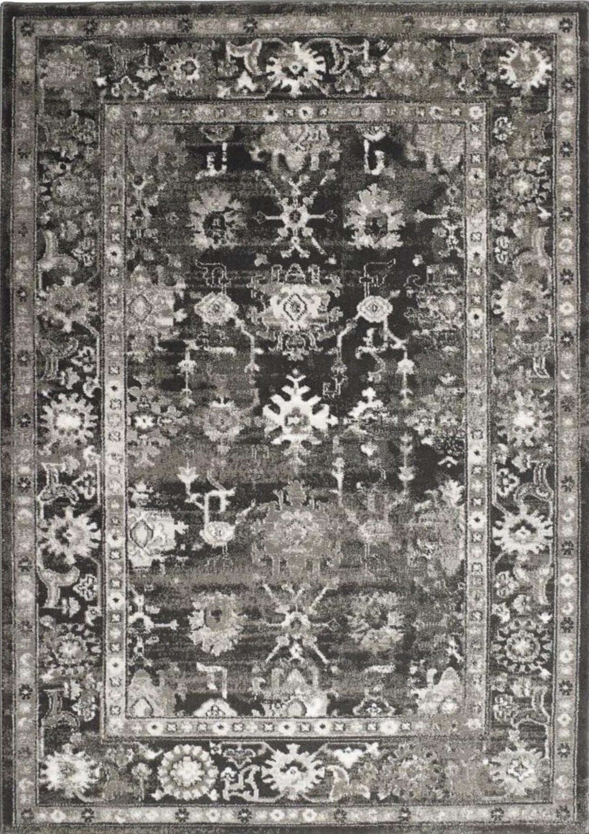 Anatolia dark grey vintage rug with intricate floral and geometric patterns in dark grey and white colors