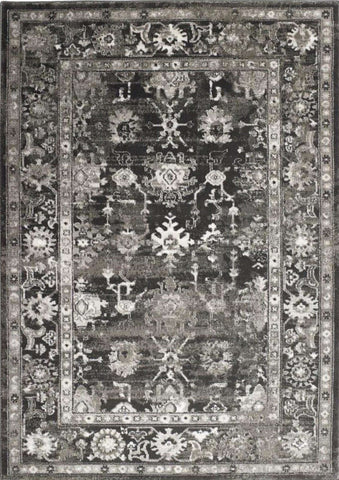 Anatolia dark grey vintage rug with intricate floral and geometric patterns in dark grey and white colors