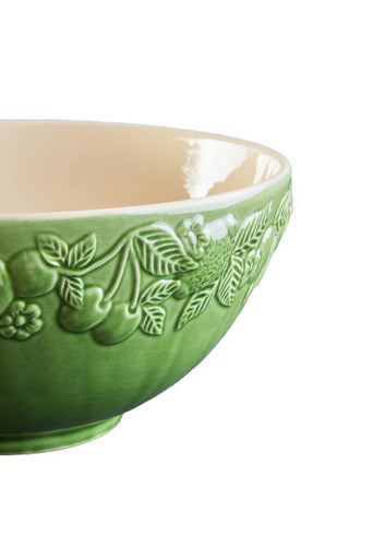 Green ceramic large bowl in chateaux green with embossed cherry and leaf pattern perfect for tableware use