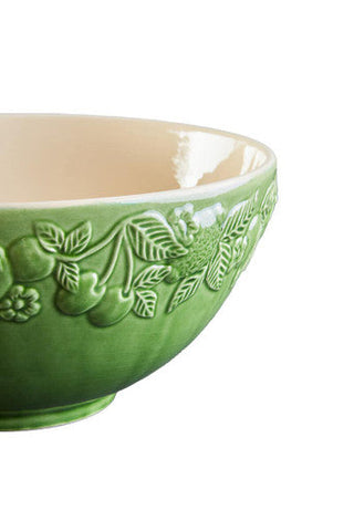 Green ceramic large bowl in chateaux green with embossed cherry and leaf pattern perfect for tableware use