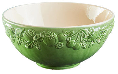 Green ceramic large bowl with embossed fruit and leaf pattern from anaya oven to tableware chateaux green collection