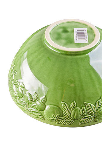 Green ceramic large bowl with embossed fruit and leaf design from anaya oven to tableware chateaux green collection