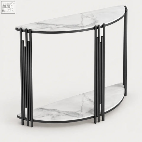 Modern half-moon ancuta 100cm console table with white marble top and shelves supported by sleek black metal rods