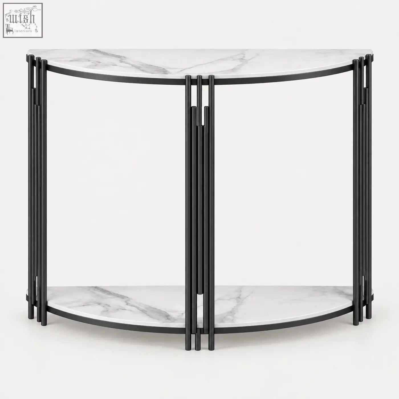 Modern ancuta 100cm console table with half-moon white marble top and bottom shelf and black metal bars