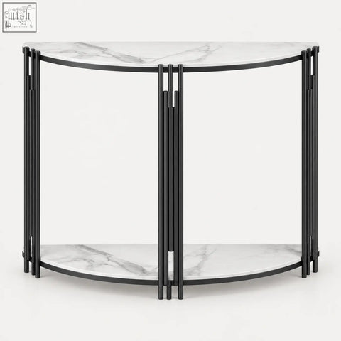 Modern ancuta 100cm console table with half-moon white marble top and bottom shelf and black metal bars
