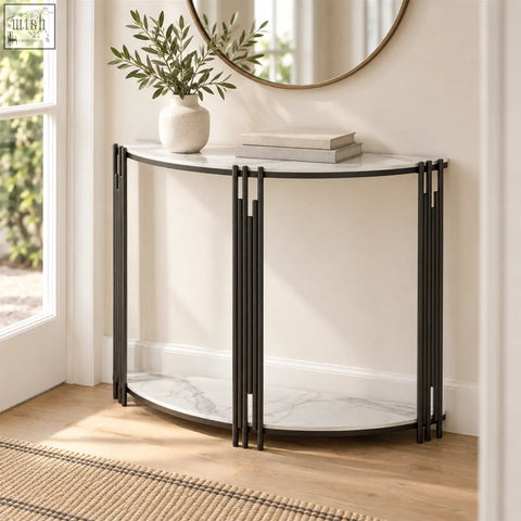 Ancuta 100cm marble-effect console table with a white marble top and base and black metal vertical bars